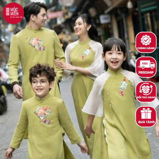 Áo dài gia đình truyền thống màu xanh cốm chất liệu tuyết mưa được thêu hoạ tiết đặc sắc - MM09
