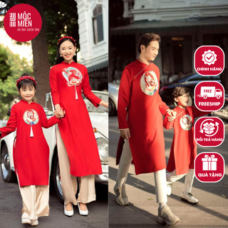 Áo dài cách tân gia đình lụa chéo hàn mềm mại thêu chim phượng sắc nét màu đỏ nổi bật - Áo dài Mộc Miên - MM15