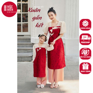 Áo dài cách tân mẹ và bé Mộc Lan chất liệu gấm hoa nổi phối tơ sống chuẩn form, mix màu đỏ kem - Áo dài Mộc Miên - MM16