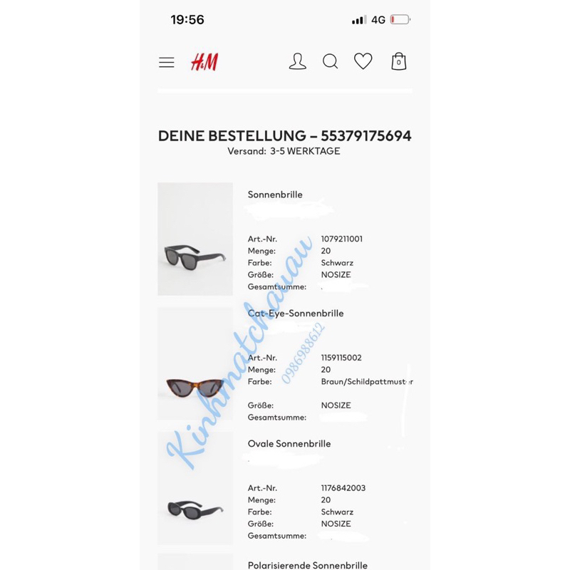 Kính nữ HM chính hãng, có mail mua hàng của web chính hãng