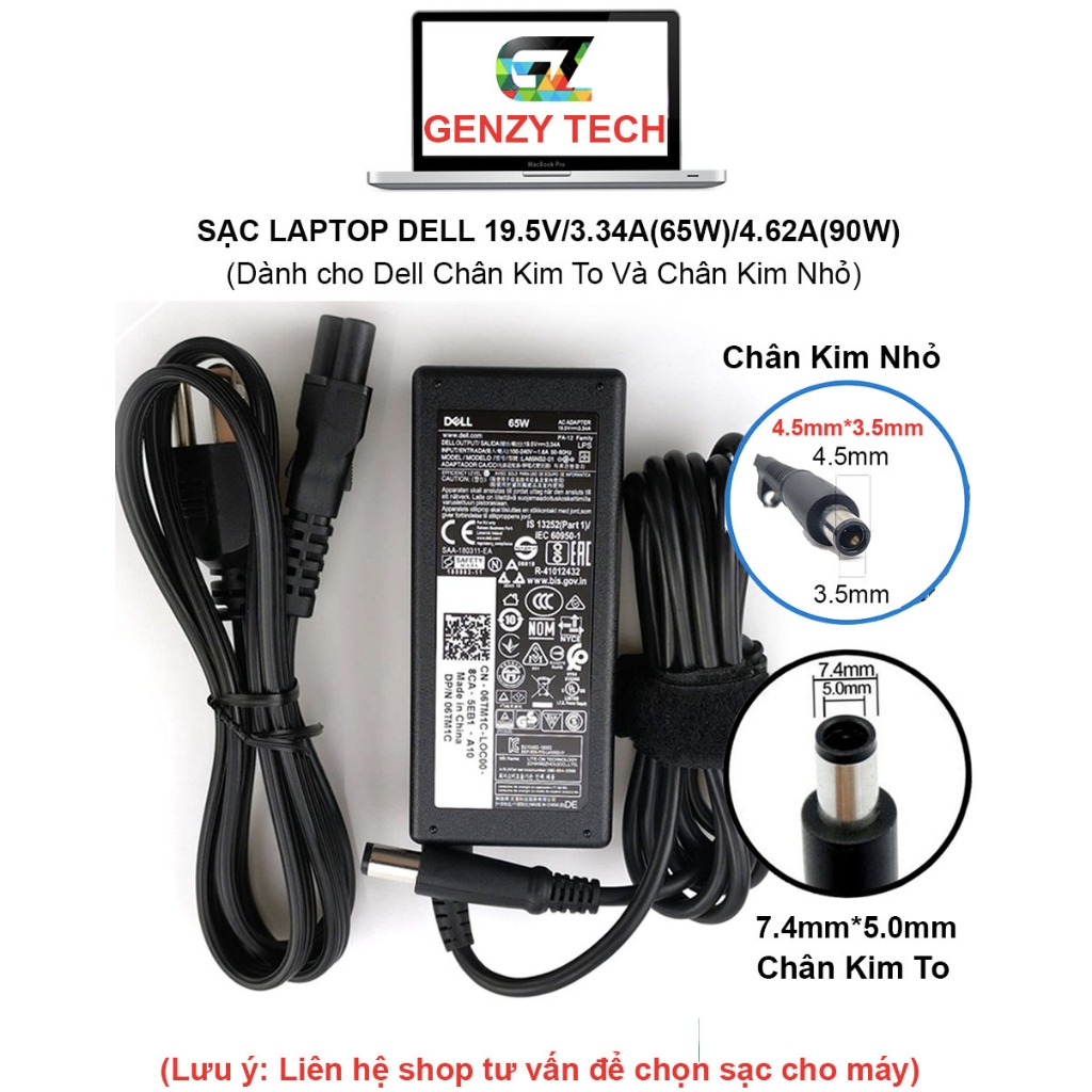 Sạc Laptop Dell Chân To, Chân Nhỏ 19.5V - 4.62A 90W - Sạc Dell chân kim to, chân kim nhỏ 19.5V - 3.34A 65W - BH 12 THÁNG