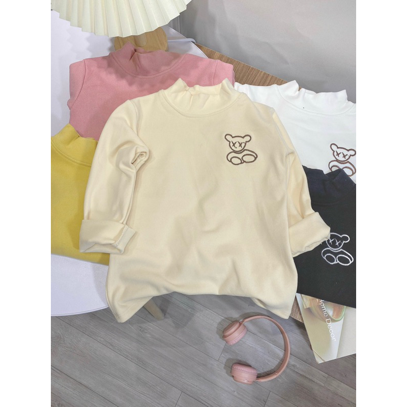 Áo giữ nhiệt cho bé, áo nỉ cổ 3 phân thêu gấu hàng Quảng Châu xịn xò cho bé trai, bé gái size 14-25kg