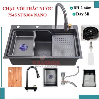 Chậu rửa bát 1 hố inox304 nano đen vòi thác nước 7546 3li, bộ xả, 2 khay, thớt, bình rửa bát, rửa ly