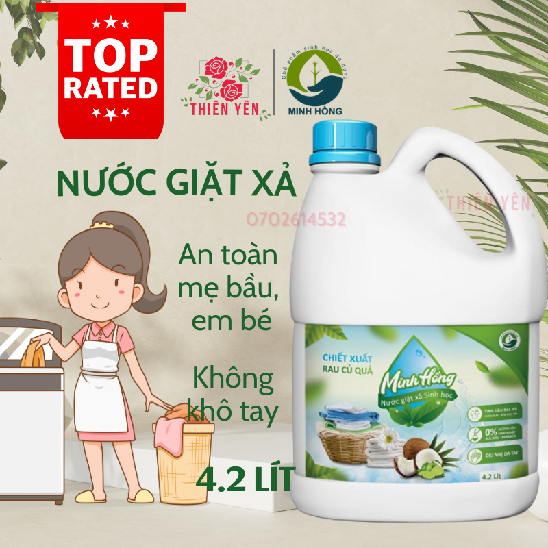 Nước giặt sinh học Minh Hồng can 4.2L tiết kiệm SX 10/2023, tinh dầu bạc hà, an toàn cho da mẹ bầu và em bé