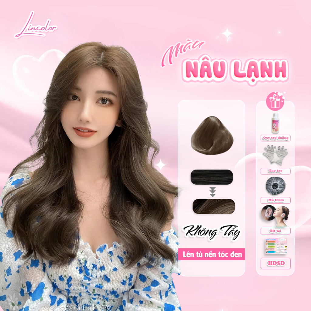 Thuốc nhuộm tóc, thuốc nhuộm tóc màu NÂU LẠNH không tẩy, LIN_COLOR, tặng kèm oxy trợ nhuộm và bao tay,trùm đầu, bịt tai