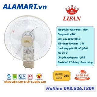 Quạt treo 1 dây Lifan T-161 động cơ dây đồng 45w sải cánh 400 mm hoạt động êm ái