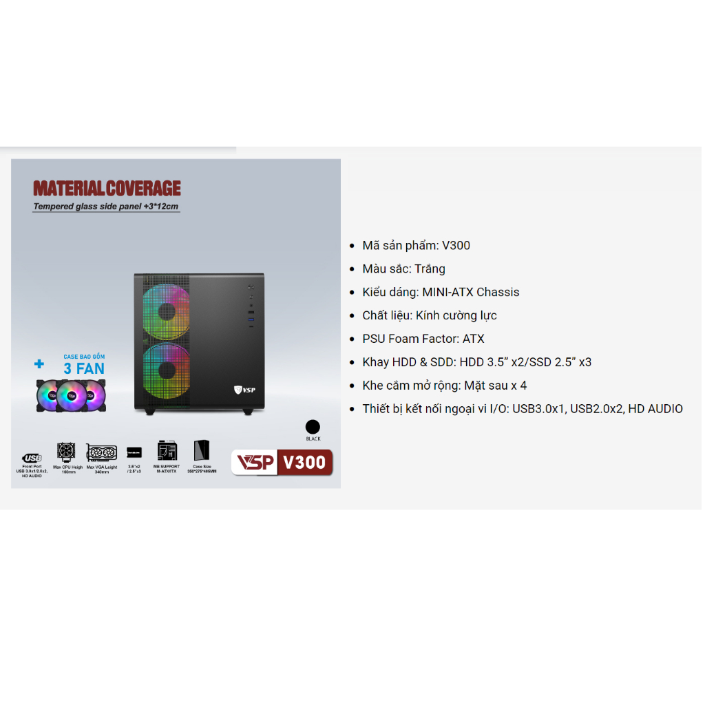 Vỏ máy tính Case VSP V300  Kèm 3 Fan LED / Kính cường lực  - Chính hãng
