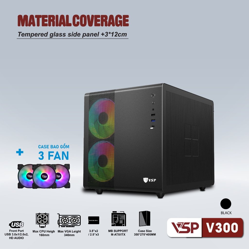 Vỏ máy tính Case VSP V300  Kèm 3 Fan LED / Kính cường lực  - Chính hãng