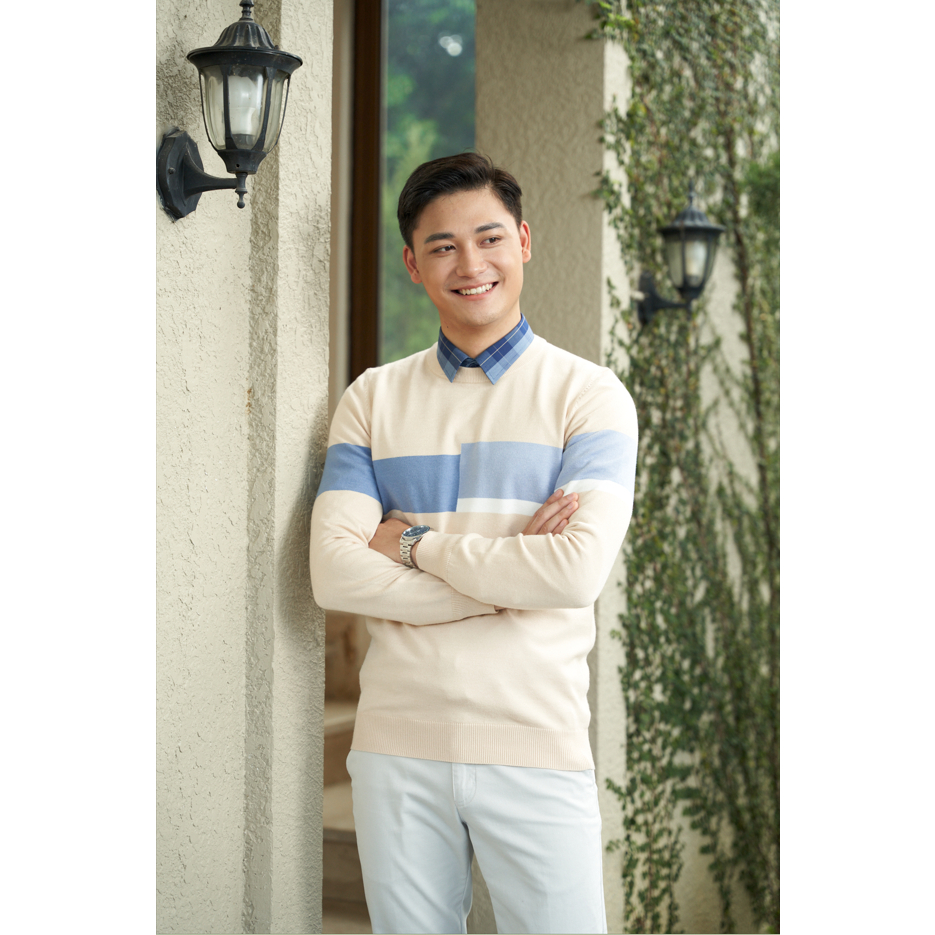 Áo Len Nam 5S FASHION, Chất Viscose, Thiết Kế Cổ Tròn Can Phối Kẻ Ngang, Lịch Lãm