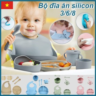 3/6/8pcs Set ăn dặm silicon cao cấp, khay 4 ngăn tai gấu có đế hít chống đổ Dollar Minho