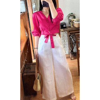 Áo croptop tay lỡ cổ tim vải linen tưng premium