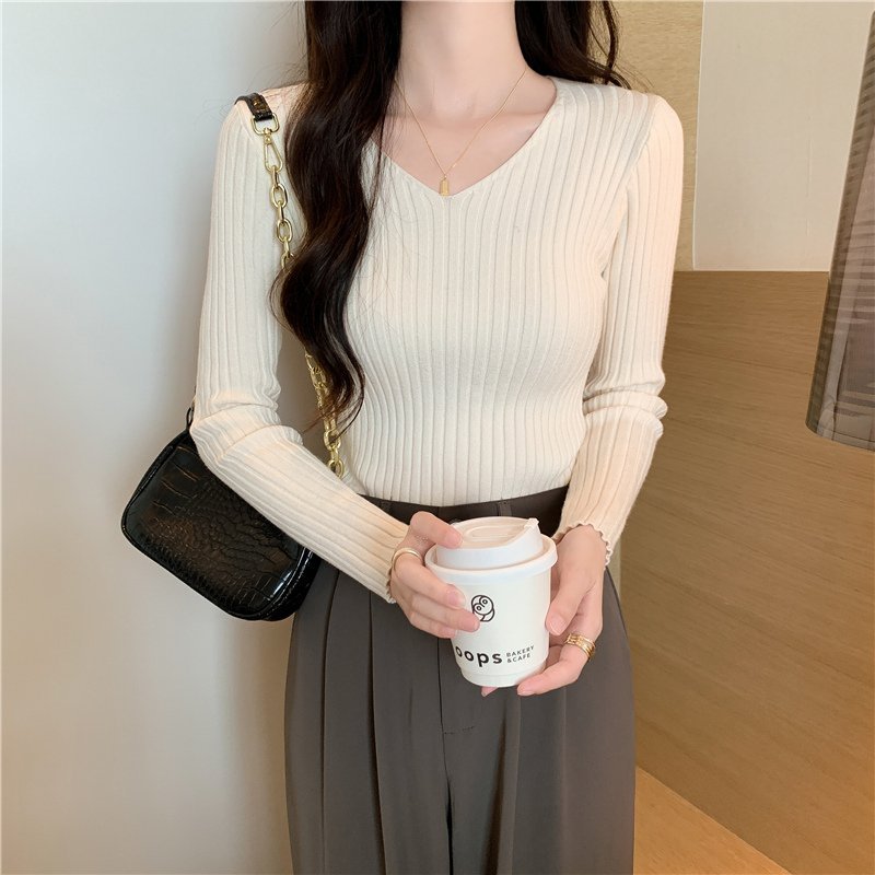Áo len tăm ấm áp cổ V form ôm tôn da tôn dáng, Áo kiểu nữ size nhỏ tay dài co dãn phong cách Hàn Quốc Xuongmaythuhien