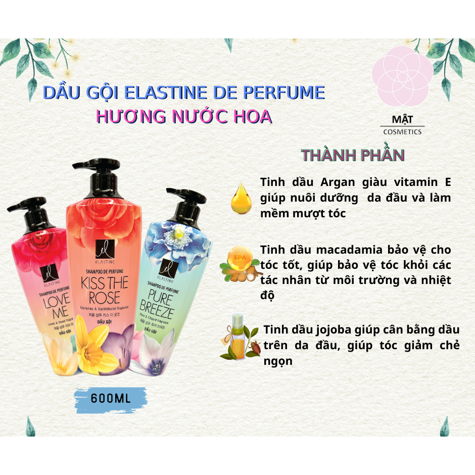 Dầu gội nước hoa Elastine các mùi 600ml