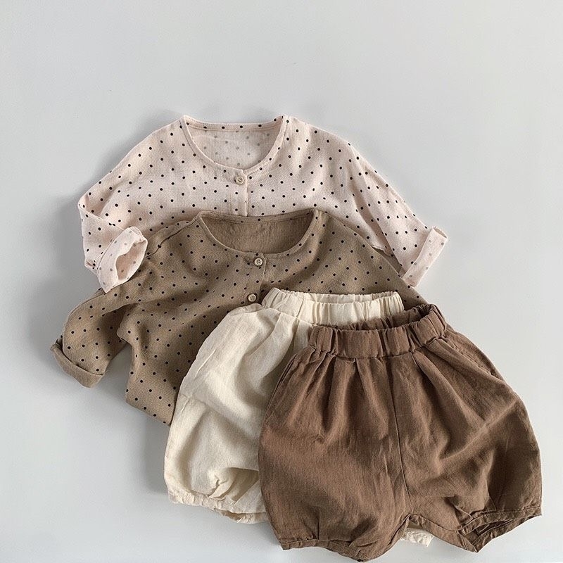 Áo sơ mi chấm bi bé gái phong cách vintage Hàn Quốc 🐻Hàng QCCC-Có sẵn🐻 Áo sơ mi bé gái chất xô size 80-130