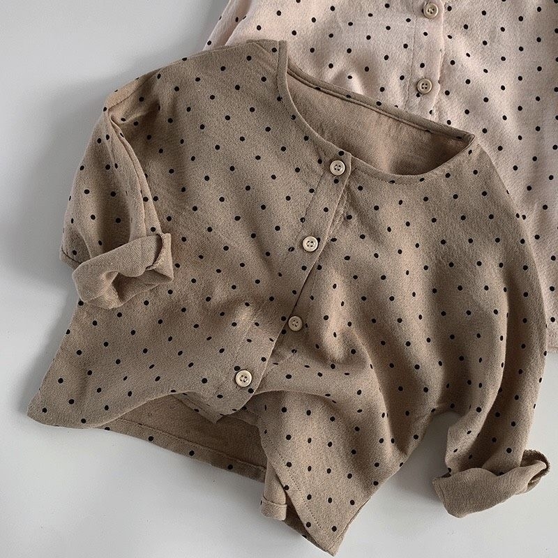 Áo sơ mi chấm bi bé gái phong cách vintage Hàn Quốc 🐻Hàng QCCC-Có sẵn🐻 Áo sơ mi bé gái chất xô size 80-130