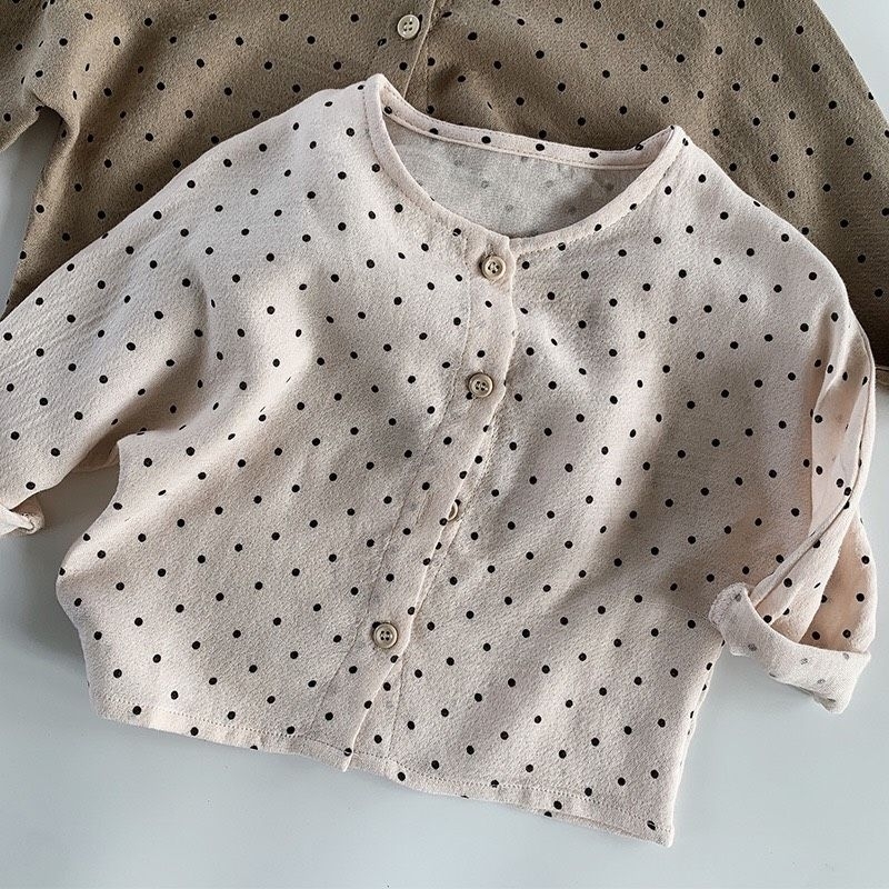 Áo sơ mi chấm bi bé gái phong cách vintage Hàn Quốc 🐻Hàng QCCC-Có sẵn🐻 Áo sơ mi bé gái chất xô size 80-130