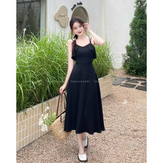 Đầm Jolie hai dây dáng dài màu đen chât lụa Nhật cao cấp