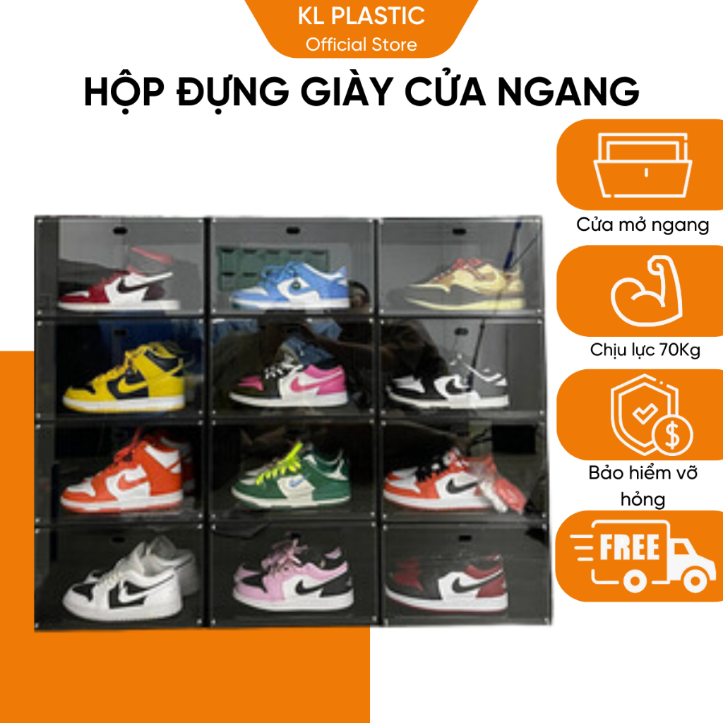 Combo 12 hộp đựng giày nhựa cứng cửa ngang vừa size 47, tủ đựng giày chịu nặng 100kg nắp mở mica trong suốt 2,8ly
