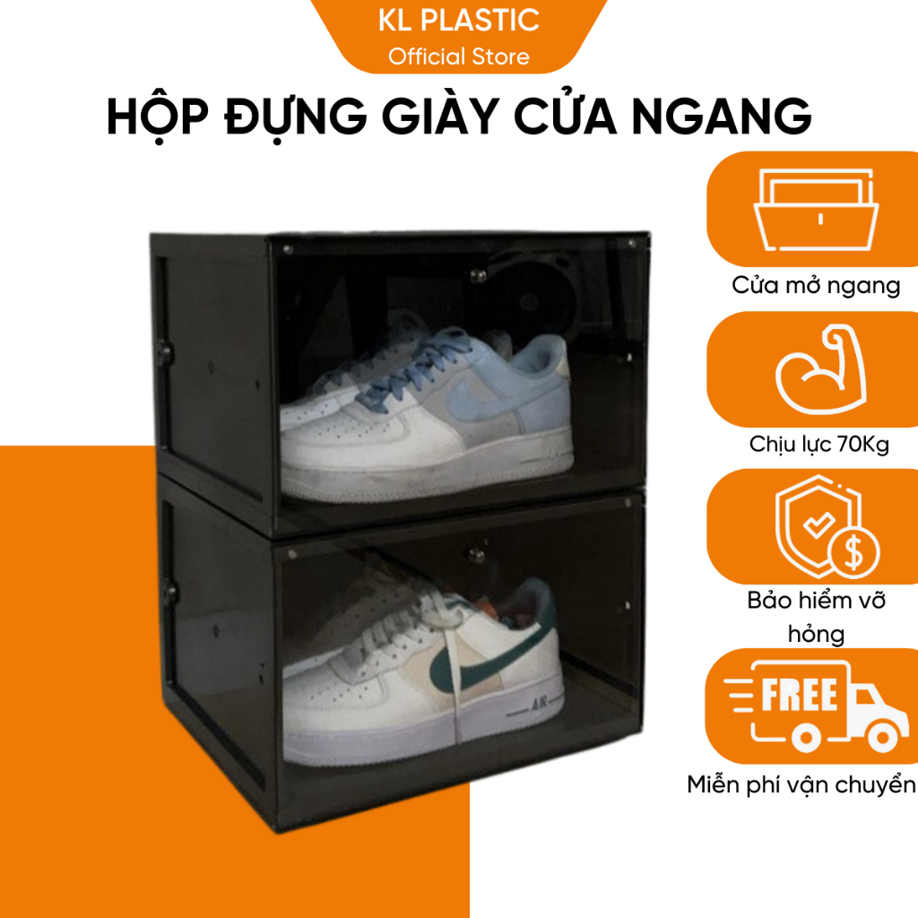 Combo 2 hộp đựng giày nhựa cứng cửa ngang gấp gọn vừa size 47 ( Tấm cửa mica 2,8ly)