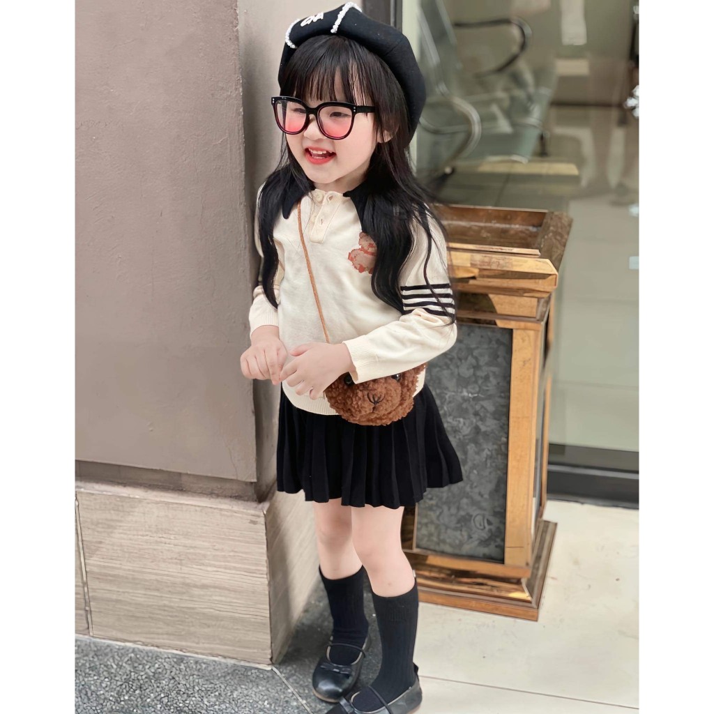 Bộ len bé gái kèm chân váy thiết kế 2021, Cho bé từ 1-6 tuổi  thương hiệu Hapykids 23.BL01