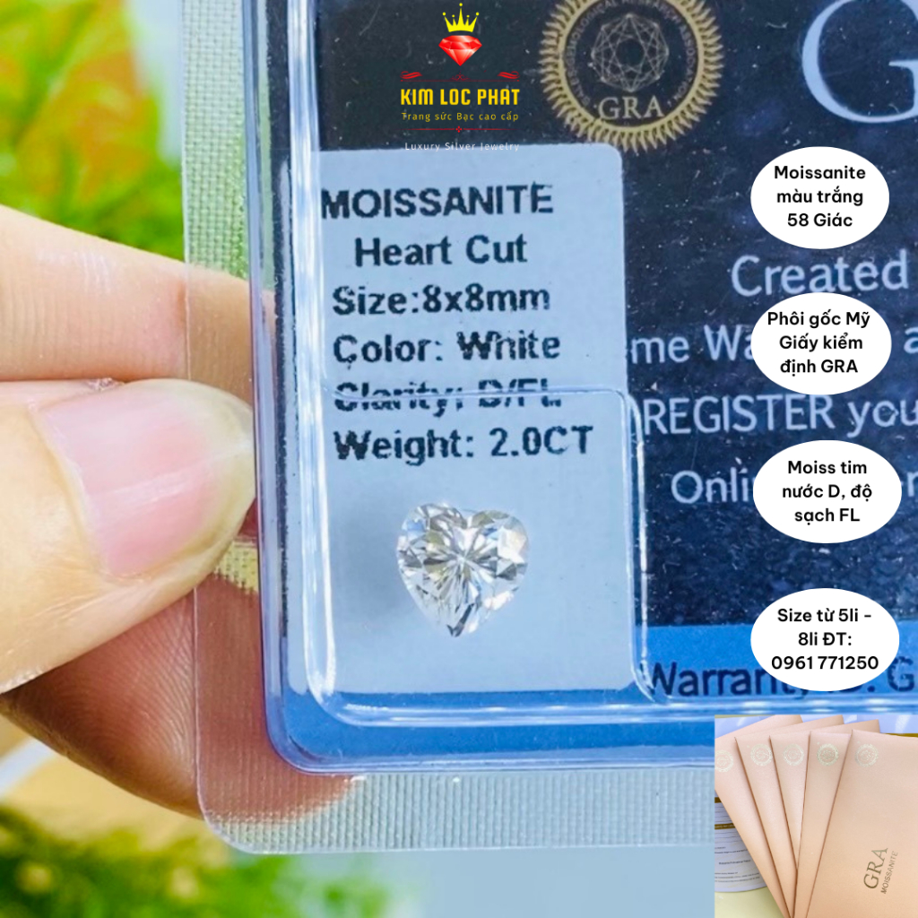 Moissanite nhân tạo tim 5x5-8x8mm, Kim cương moissanite nhân tạo tim màu trắng 58 giác, Đá moissannite Mỹ, kiểm định GRA