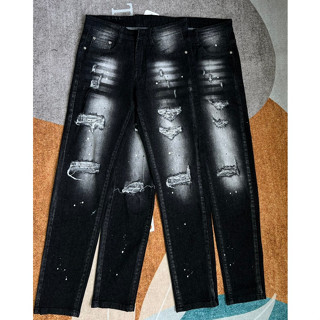Quần bò jean nam dài đen rách gối vẩy sơn kiểu đẹp cá tính,form slimfit jean thun co giãn tốt hàng chuẩn shop