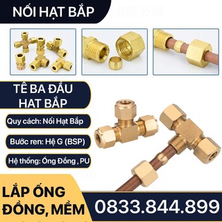 Tê Ba Đầu Hạt Bắp & Nhẫn Dùng Kết Nối Ống Nhựa Pu & Ống Đồng - Brass Compression Tee Triple Union, T & 3 Đầu Ren Npt