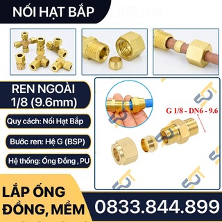 Thẳng Hạt Bắp 1/8 (9.6) Ren Ngoài Siết Hạt Bắp & Nhẫn Dùng Nối Ống Nhựa Pu & Ống Đồng - Compression Male Fitting