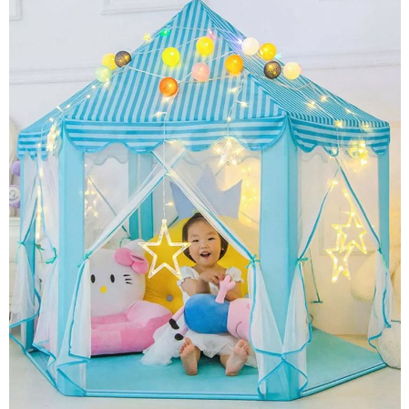 Lều Công Chúa Hoàng Tử Cho Bé Lục Giác Hình Lâu Đài Màu Hồng Xanh Phong Cách Hàn Quốc Có Rèm Che