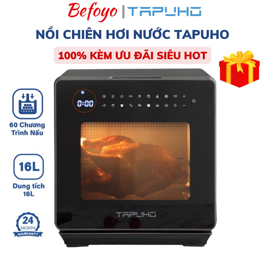 Nồi Chiên Hơi Nước TAPUHO TSF16 (Thương Hiệu ĐỨC) | 60 Chương Trình Nấu | 4 trong 1 - Có xiên gà, lồng đào 360 - Befoyo