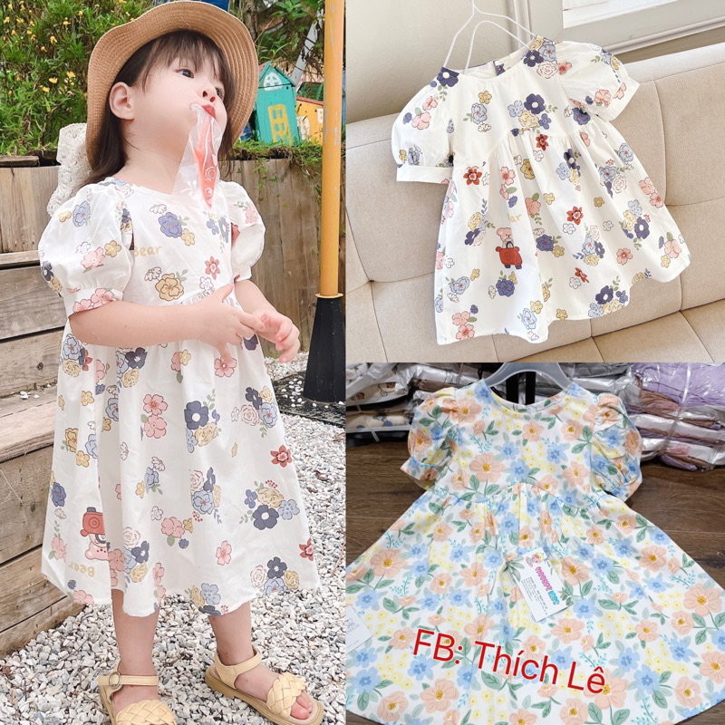 Váy cộc tay bồng cổ tròn cho bé gái hoạ tiết hoa gấu NR