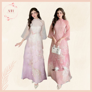 Áo dài cách tân nữ chất liệu tơ organza cao cấp đính hoa nghệ thuật 2 tà xòe, thắt eo tôn dáng - Áo dài Ann - AD11