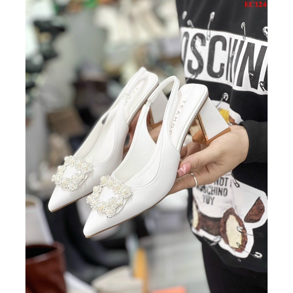 Giày Sandal Cao gót Nữ Đá X Hở Gót 7p Gót Vuông 5266 gót vá đồng mới
