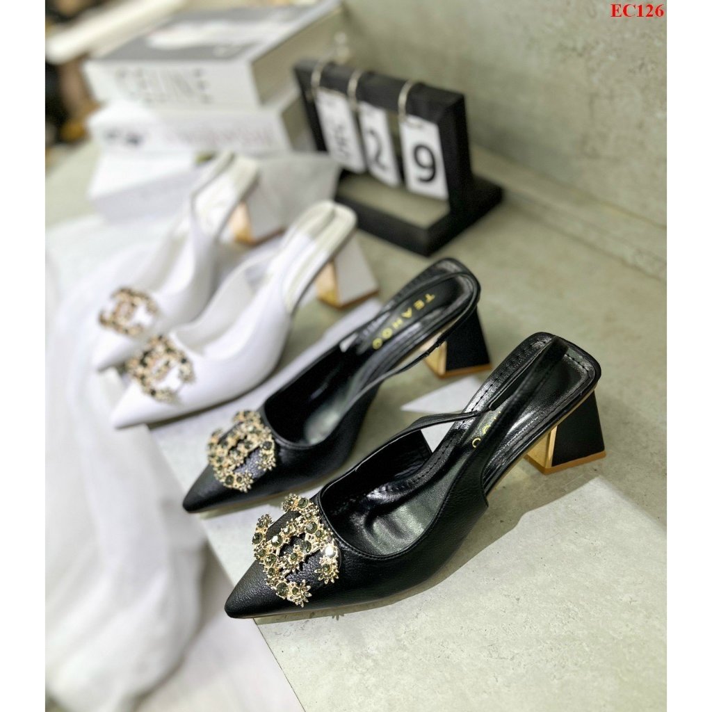 Giày Sandal Cao gót Nữ Đá X Hở Gót 7p Gót Vuông 5266 gót vá đồng mới