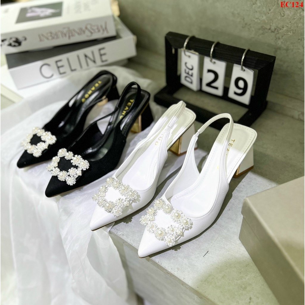 Giày Sandal Cao gót Nữ Đá X Hở Gót 7p Gót Vuông 5266 gót vá đồng mới