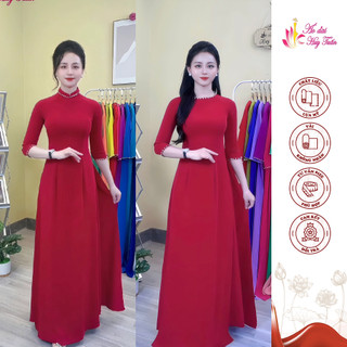 Áo Dài Nữ Tay Lỡ Đính Đá, Màu Đỏ Đô Truyền Thống, Vải Lụa Mỹ Thoáng Mát Không Nhăn