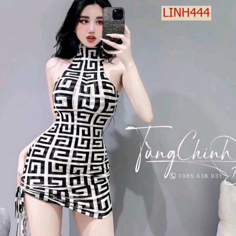 Đầm body phối lưới cổ lọ Hoạ  tiết siêu hot co giãn mạnh