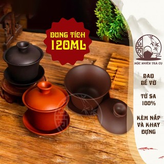 Chén khải uống trà tử sa kèm nắp và đĩa, chén khải pha trà phong cách cổ xưa phụ kiện bàn trà cao cấp