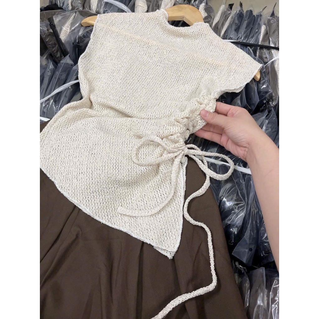 Áo len lưới tay lỡ rút dây eo LADYGU