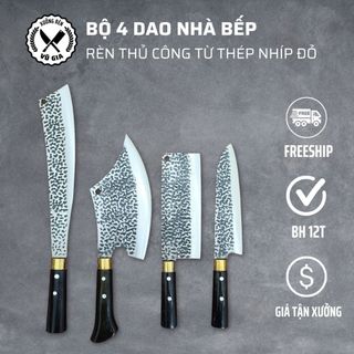 Bộ 4 Dao Thép Nhíp Dập Vân 2 Mặt Cao Cấp Dùng Cho Nhà Bếp, Chặt Cây, Chặt Xương, Thái Lọc Thịt