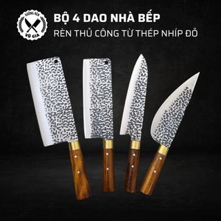 Bộ 4 Dao Nhà Bếp Rèn Từ Thép Nhíp Dập Vân 2 Mặt Cao Cấp - Cán Cẩm Chỉ Khâu Đồng