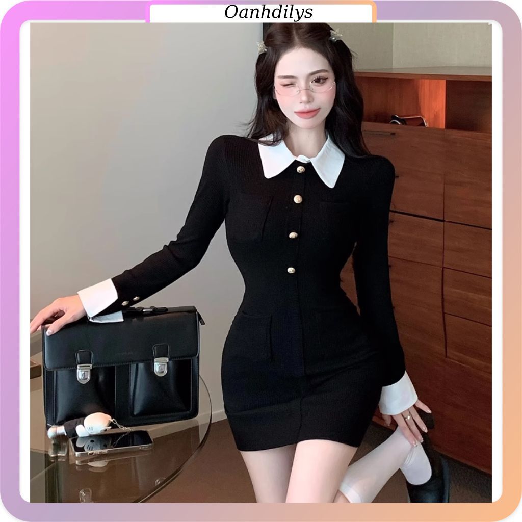 Váy  thun dài tay ôm body kết hợp cổ sơ mi, đầm ôm body dáng ngắn co dãn tôn dáng hàng order Taobao 