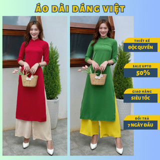Áo dài cách tân nữ tết dáng suông màu xanh đỏ trơn chất liệu lụa mỹ cao cấp sang trọng