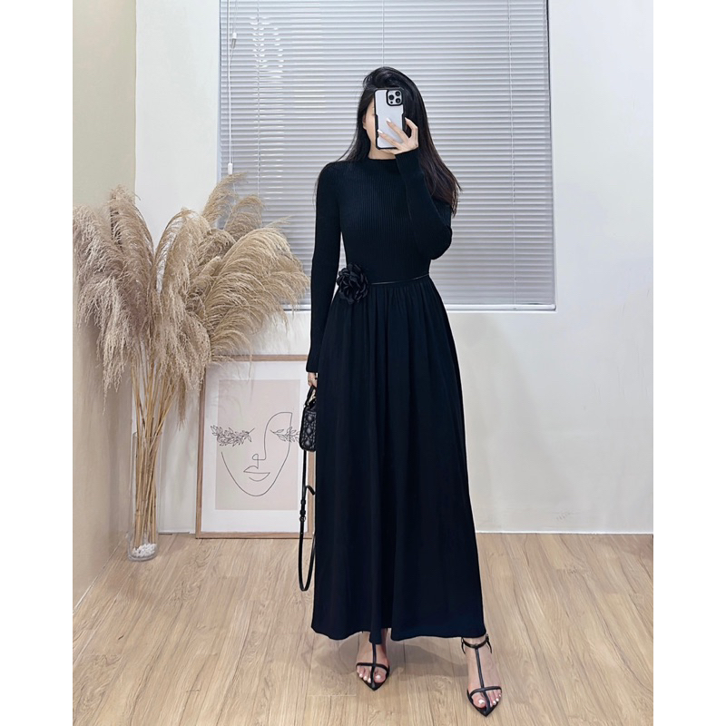 H601 Váy len eo v dài tay chân bồng