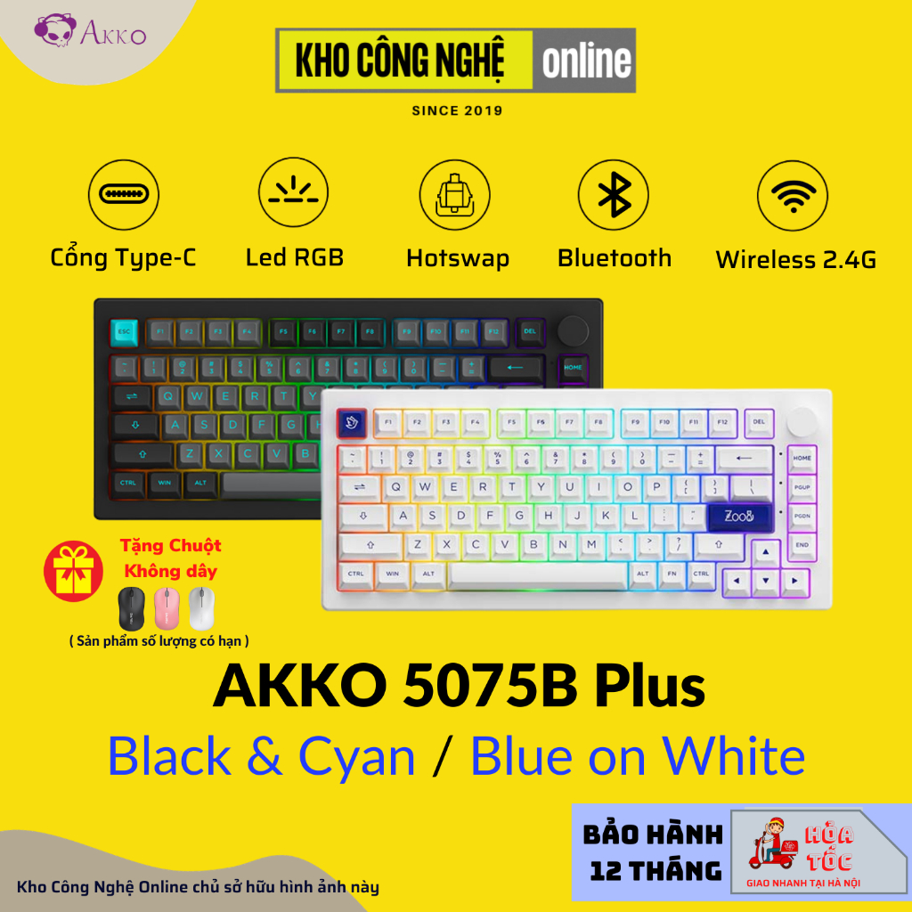 Bàn phím cơ AKKO 5075B Plus Blue on White | Black & Cyan (Multi-modes / RGB / Hotswap / Gasket mount)