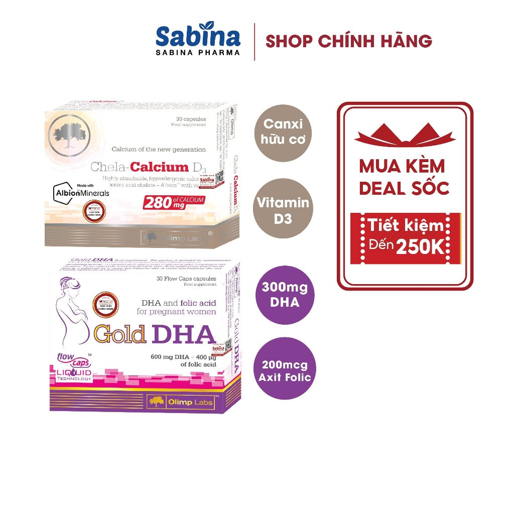 Cặp canxi Chela Calcium D3 Và Gold DHA Cho Bà Bầu nhãn hàng Olimp Labs 36,6g