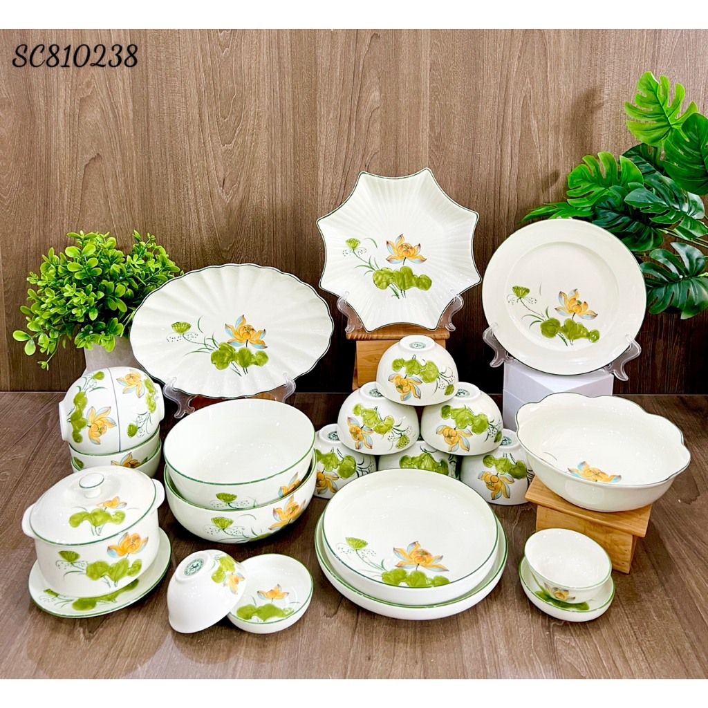 Bát, đĩa, tô, chén ăn cơm Bát Tràng Men Kem Vẽ Tay Hoa Sen Cam cao cấp - Bộ chén dĩa, Bộ đồ ăn, bộ bát đĩa Hàng loại !