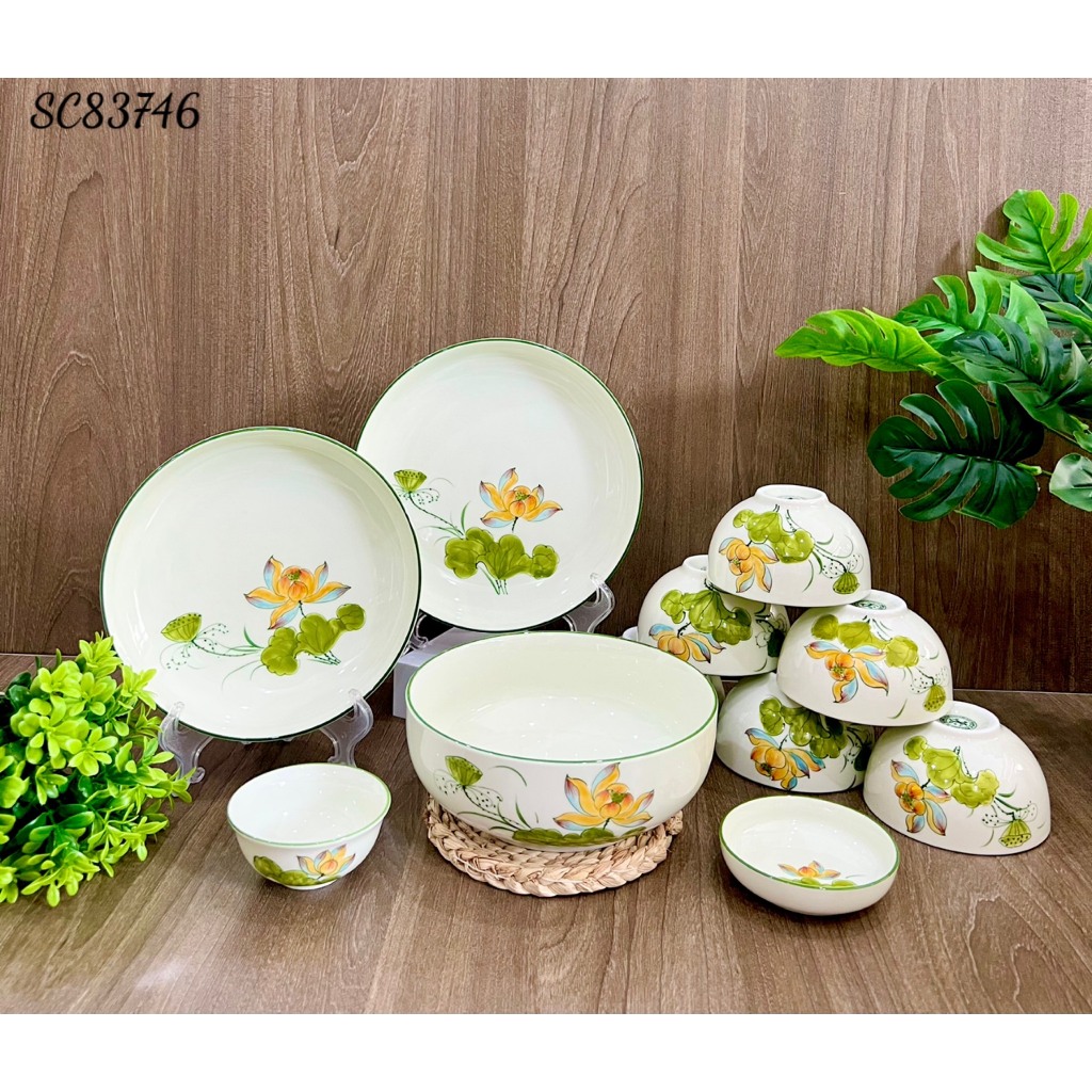 Bát, đĩa, tô, chén ăn cơm Bát Tràng Men Kem Vẽ Tay Hoa Sen Cam cao cấp - Bộ chén dĩa, Bộ đồ ăn, bộ bát đĩa Hàng loại !