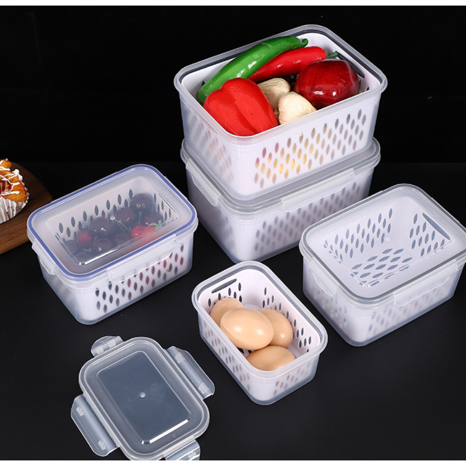Hộp Đựng Thức Ăn Kèm Rổ Để Tủ Lạnh 2 Lớp Có Nắp Đậy,món thau rổ bảo quản thực phẩm tủ lạnh Đặc Biệt Không Ám Mùi