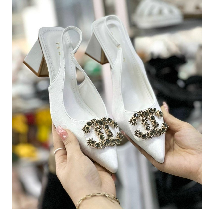 Giày Sandal Cao gót Nữ Đá X Hở Gót 7p Gót Vuông 5266 gót vá đồng mới